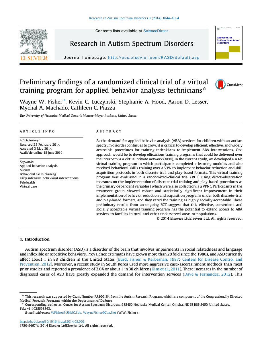 Preliminary findings of a randomized clinical trial of a virtual training program for applied behavior analysis technicians 