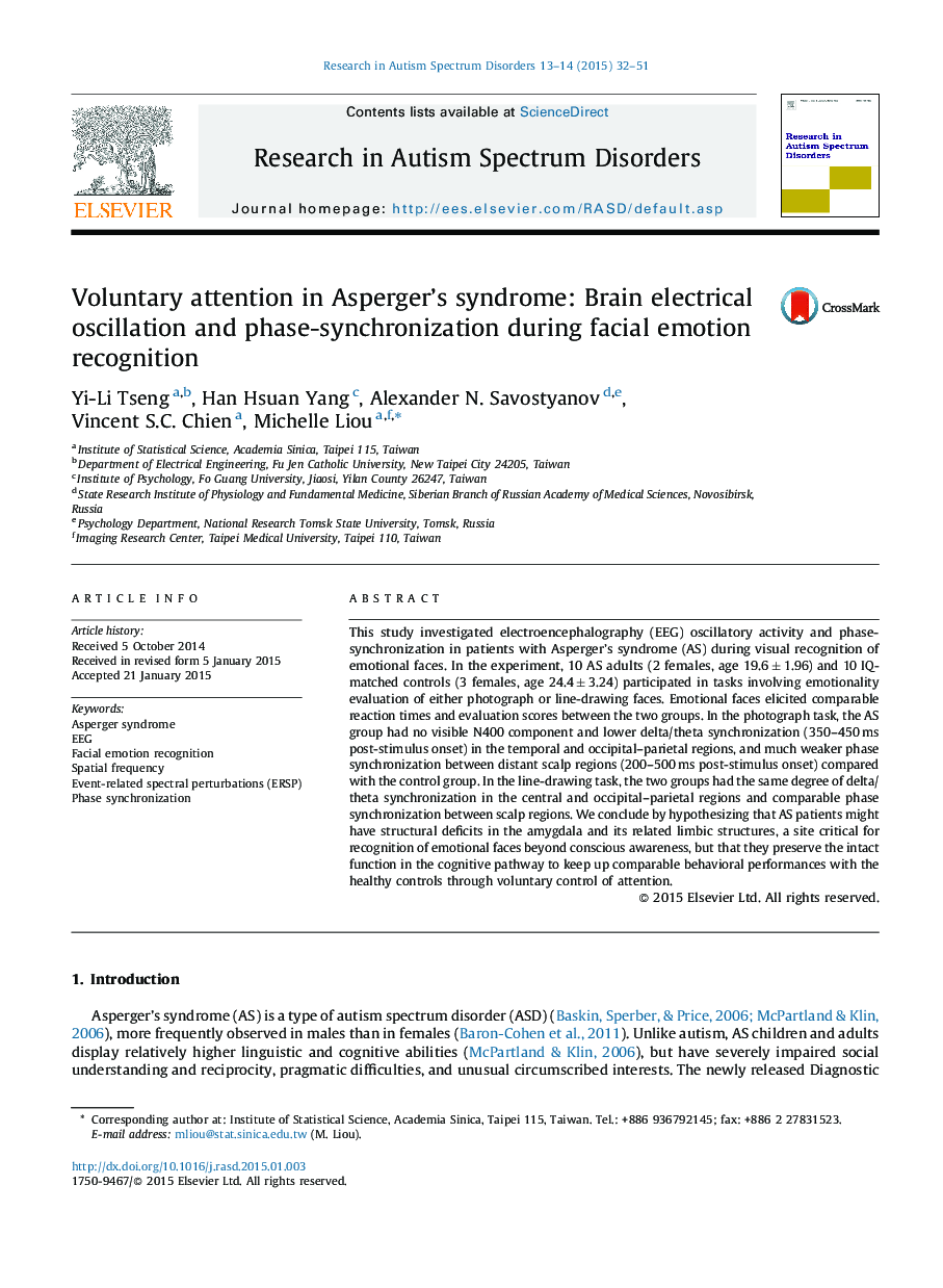 Voluntary attention in Asperger's syndrome: Brain electrical oscillation and phase-synchronization during facial emotion recognition