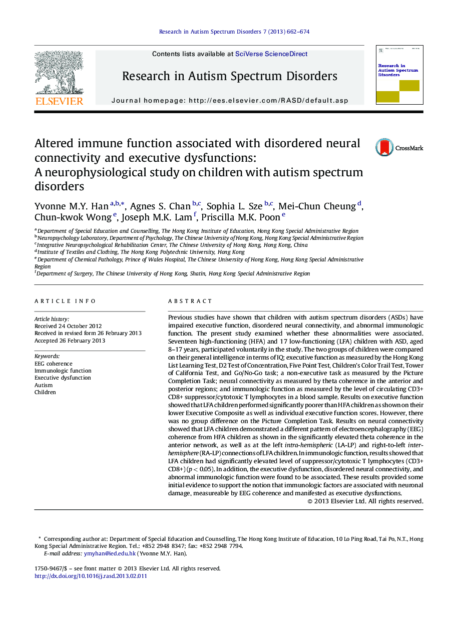 Altered immune function associated with disordered neural connectivity and executive dysfunctions: A neurophysiological study on children with autism spectrum disorders