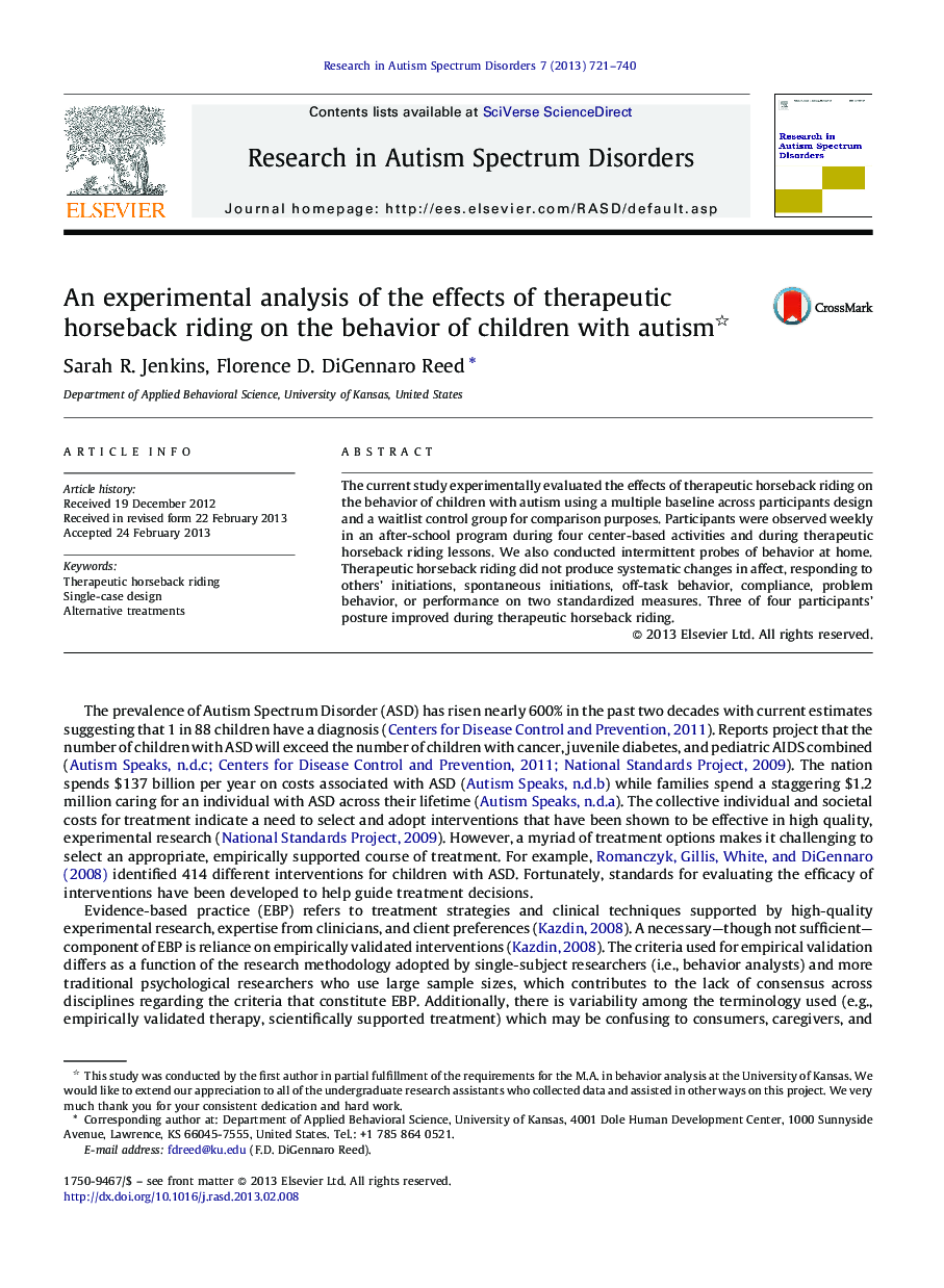 An experimental analysis of the effects of therapeutic horseback riding on the behavior of children with autism 