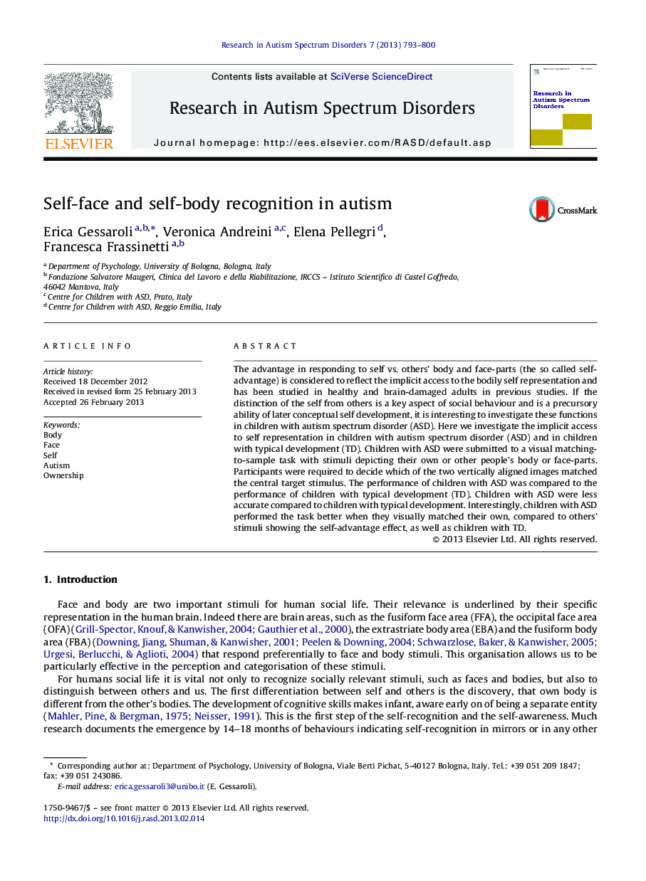 عکس صفحه اول مقاله: Self-face and self-body recognition in autism Self-face and self-body recognition in autism