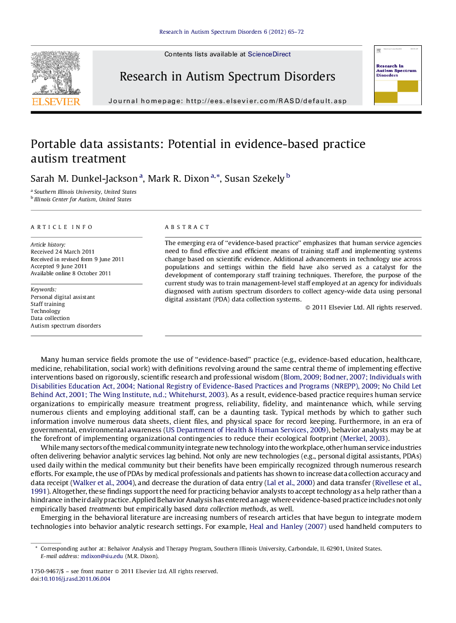 Portable data assistants: Potential in evidence-based practice autism treatment