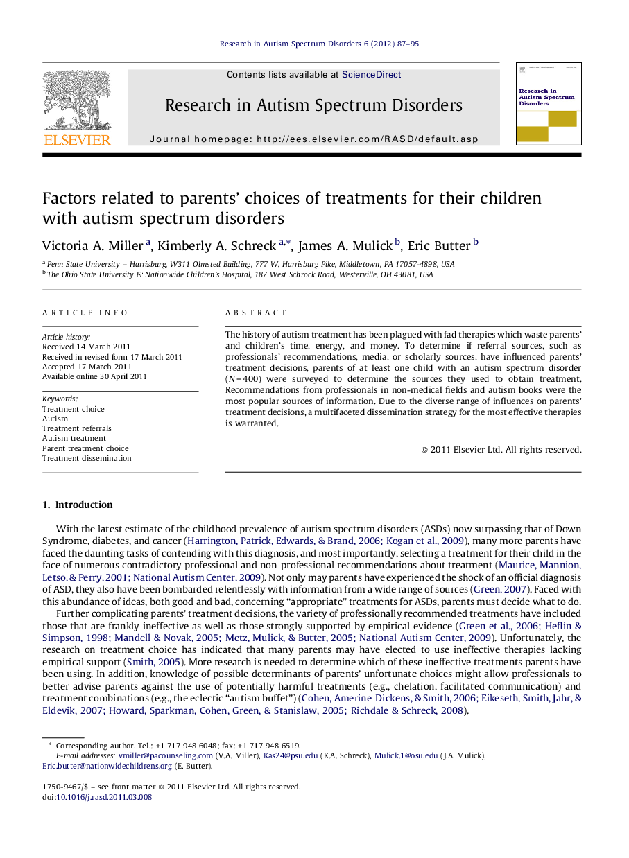 Factors related to parents’ choices of treatments for their children with autism spectrum disorders