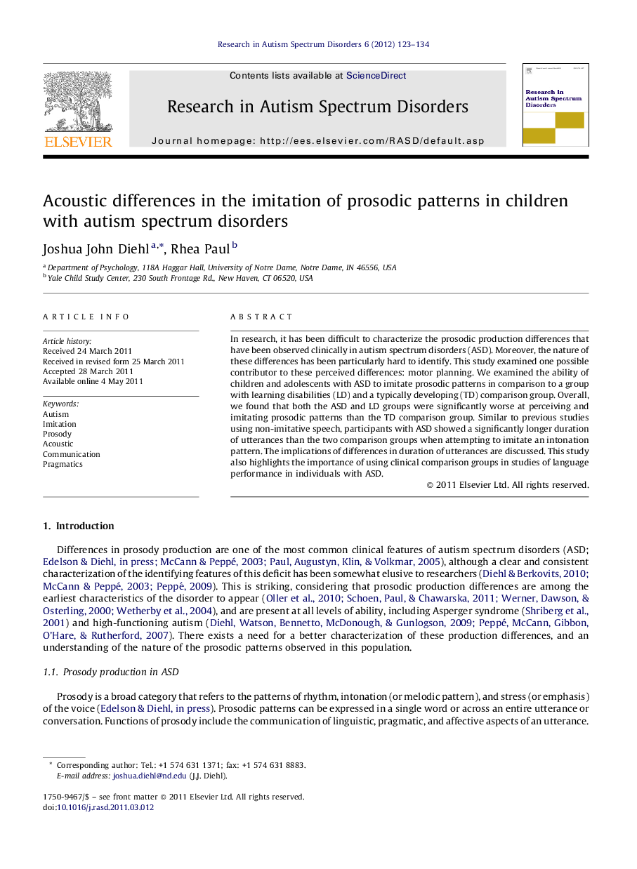 Acoustic differences in the imitation of prosodic patterns in children with autism spectrum disorders