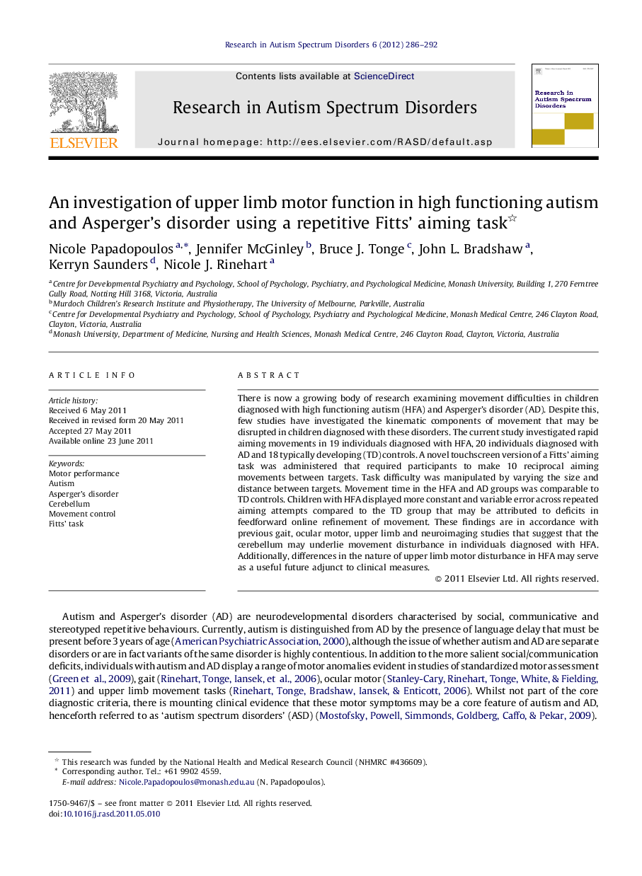 An investigation of upper limb motor function in high functioning autism and Asperger's disorder using a repetitive Fitts’ aiming task 