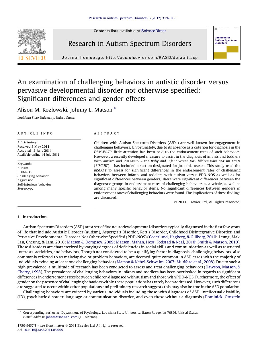 An examination of challenging behaviors in autistic disorder versus pervasive developmental disorder not otherwise specified: Significant differences and gender effects