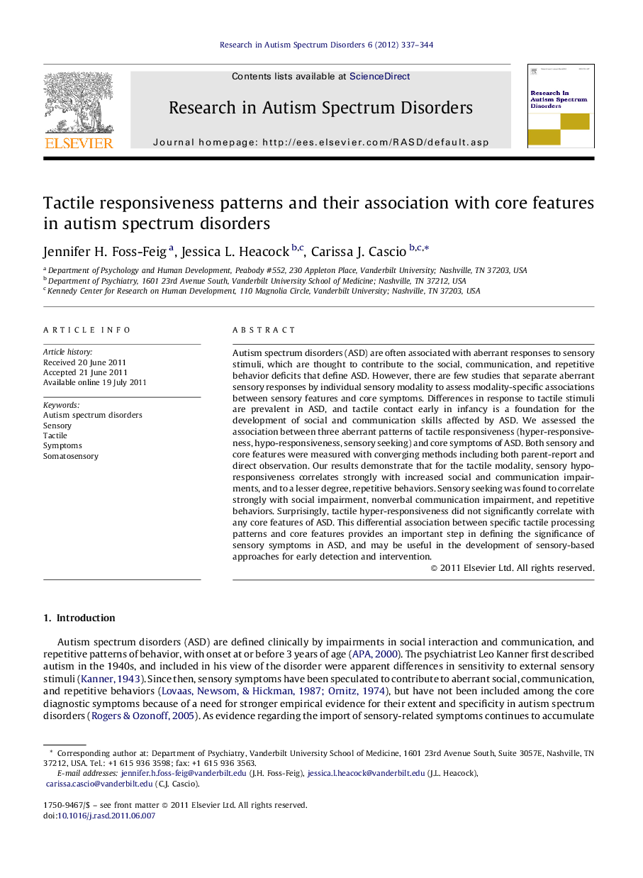 Tactile responsiveness patterns and their association with core features in autism spectrum disorders