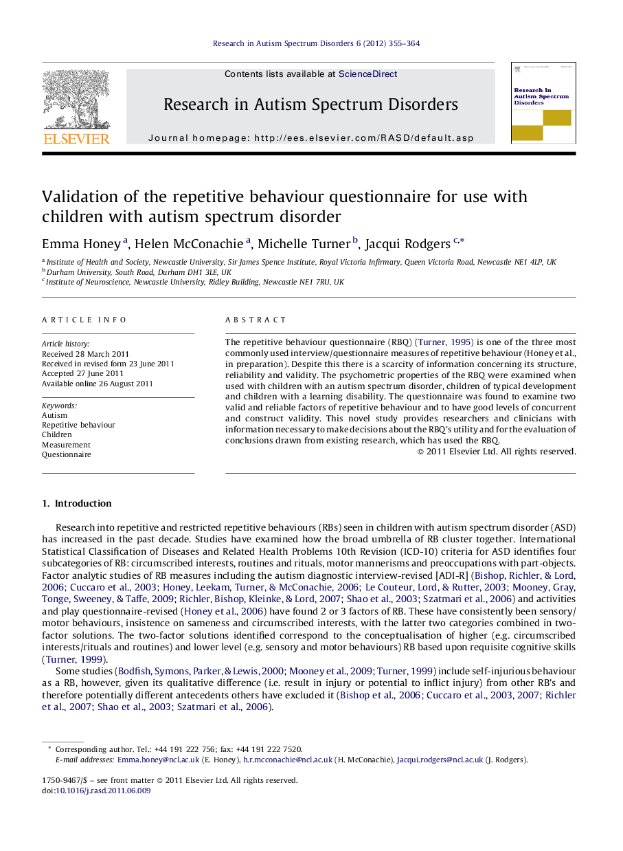 Validation of the repetitive behaviour questionnaire for use with children with autism spectrum disorder