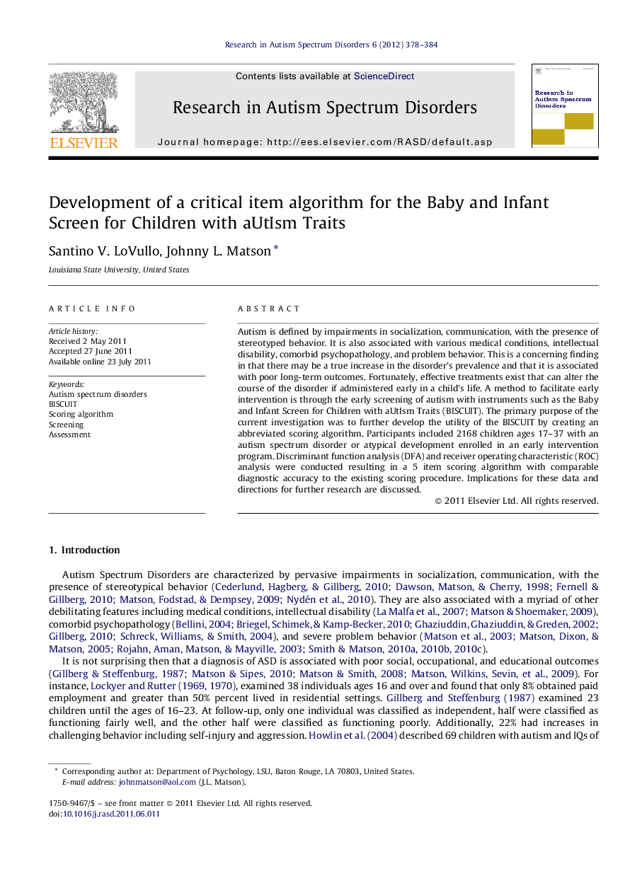 Development of a critical item algorithm for the Baby and Infant Screen for Children with aUtIsm Traits