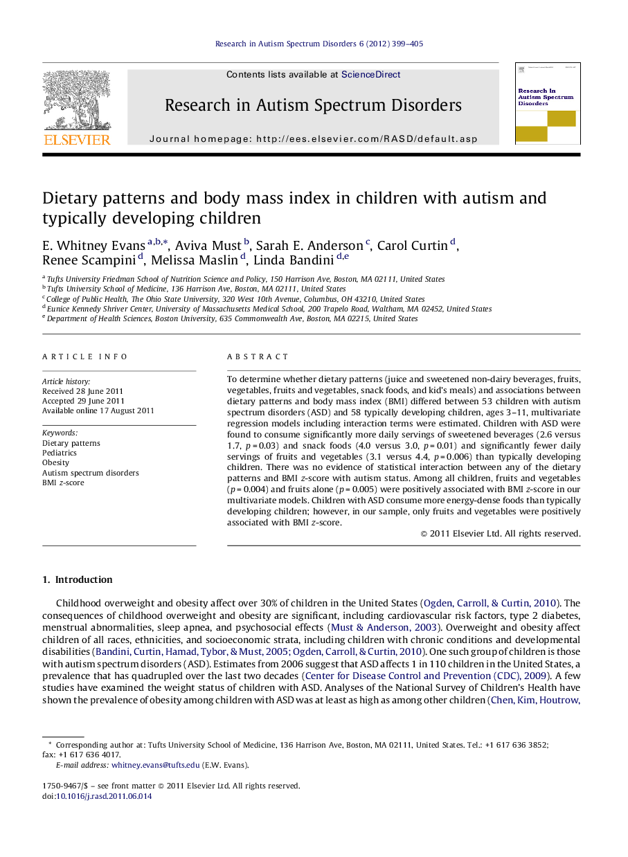 Dietary patterns and body mass index in children with autism and typically developing children