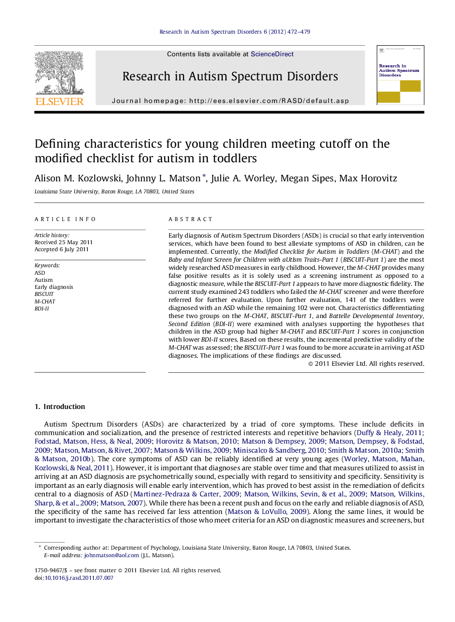 Defining characteristics for young children meeting cutoff on the modified checklist for autism in toddlers