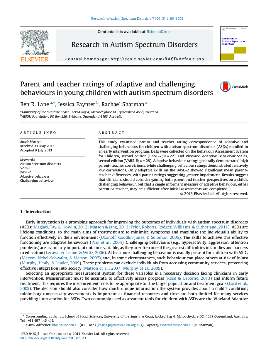 Parent and teacher ratings of adaptive and challenging behaviours in young children with autism spectrum disorders