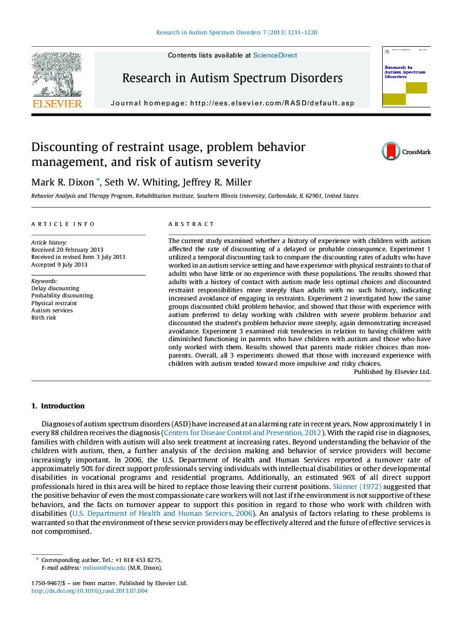 Discounting of restraint usage, problem behavior management, and risk of autism severity