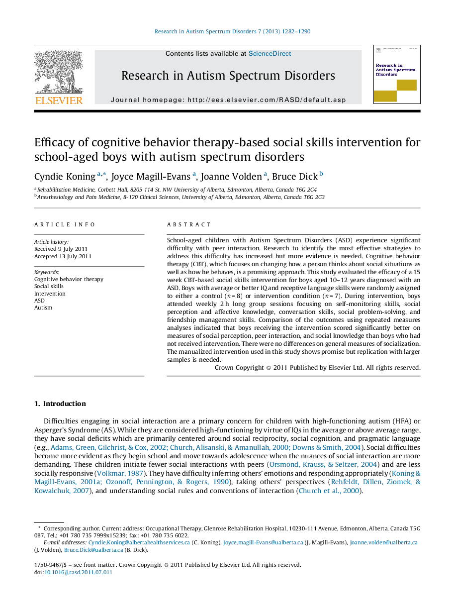عکس صفحه اول مقاله: Efficacy of cognitive behavior therapy-based social skills intervention for school-aged boys with autism spectrum disorders Efficacy of cognitive behavior therapy-based social skills intervention for school-aged boys with autism spectrum disorders