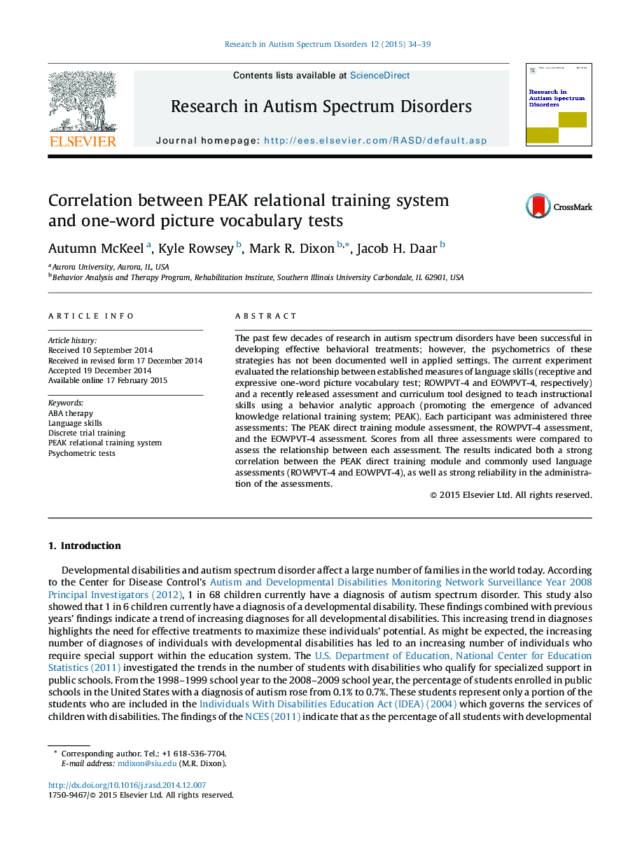 Correlation between PEAK relational training system and one-word picture vocabulary tests