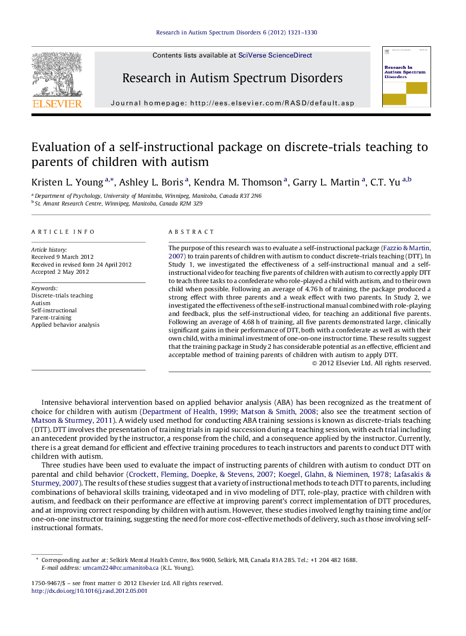 Evaluation of a self-instructional package on discrete-trials teaching to parents of children with autism