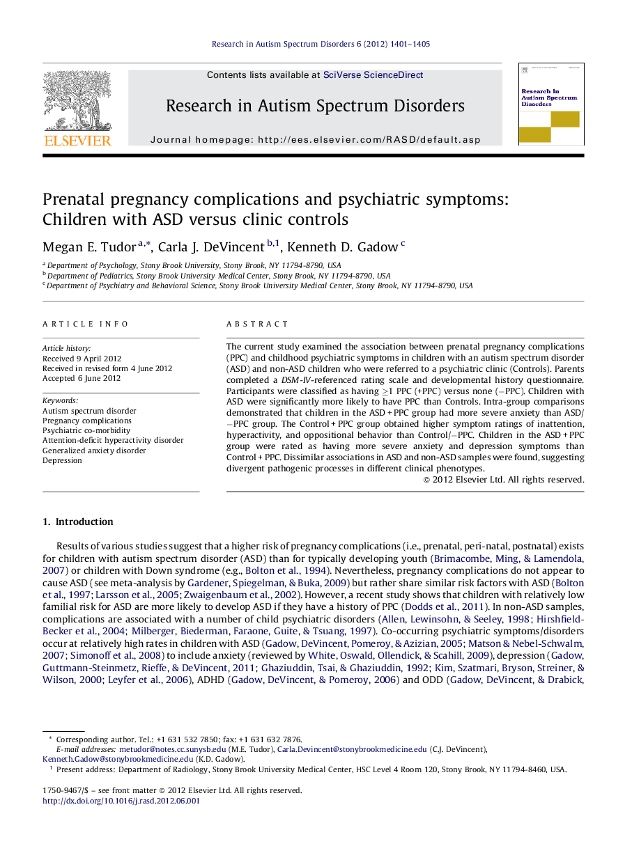 Prenatal pregnancy complications and psychiatric symptoms: Children with ASD versus clinic controls