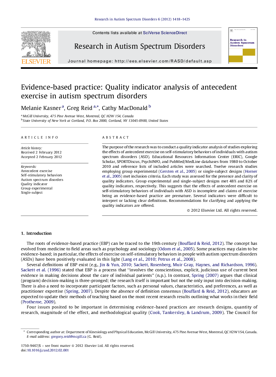 Evidence-based practice: Quality indicator analysis of antecedent exercise in autism spectrum disorders