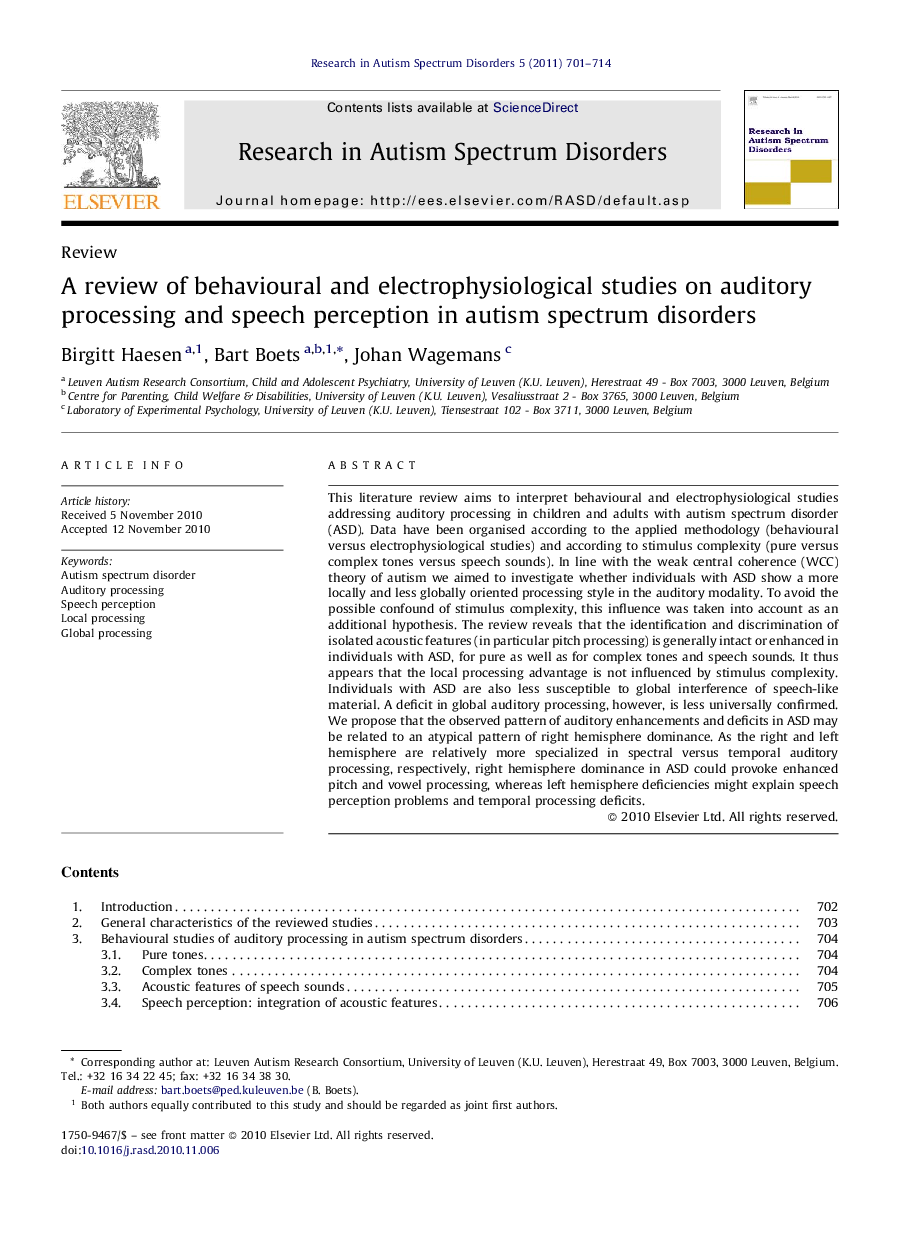 A review of behavioural and electrophysiological studies on auditory processing and speech perception in autism spectrum disorders