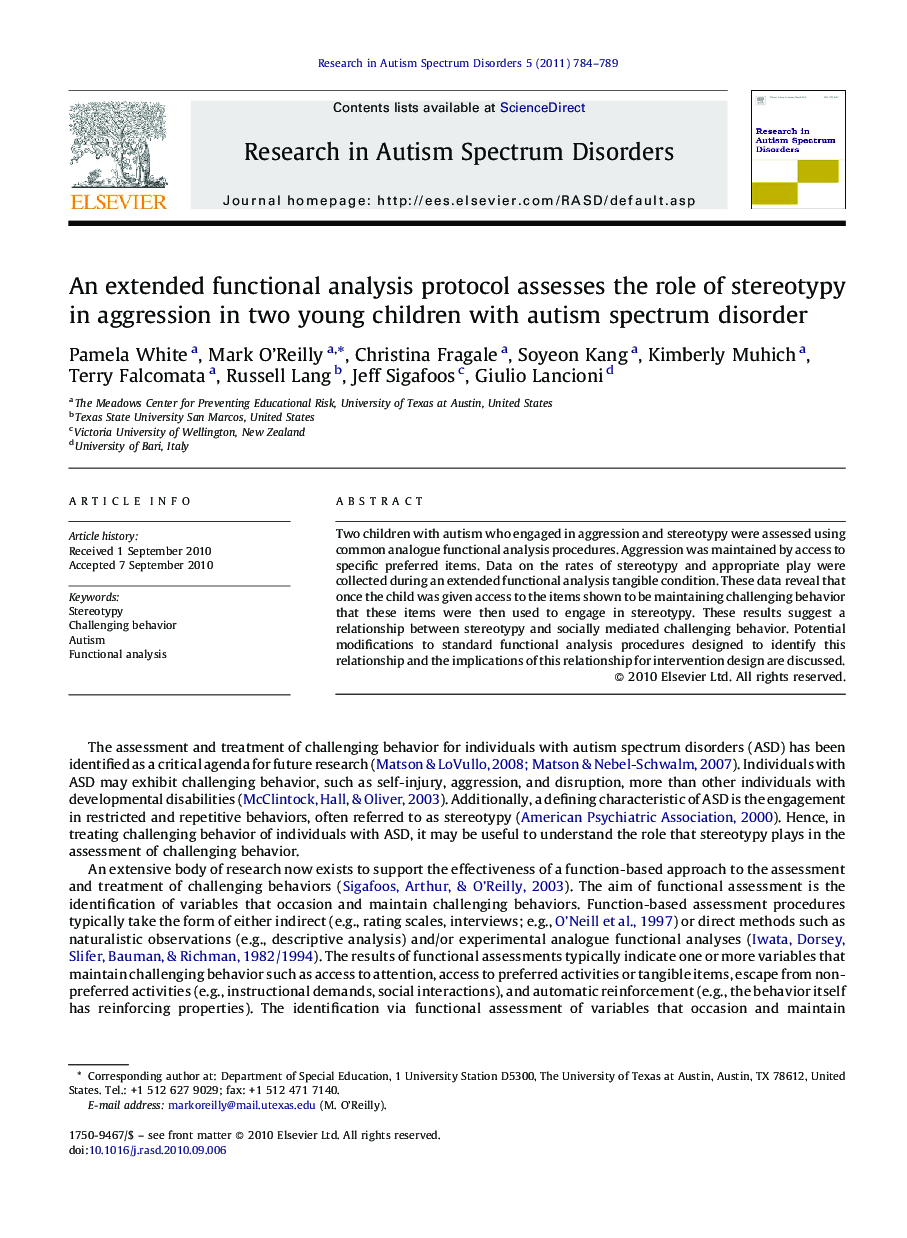 An extended functional analysis protocol assesses the role of stereotypy in aggression in two young children with autism spectrum disorder