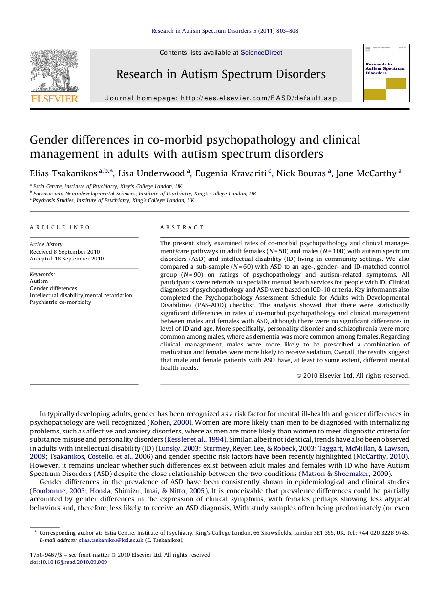 Gender differences in co-morbid psychopathology and clinical management in adults with autism spectrum disorders