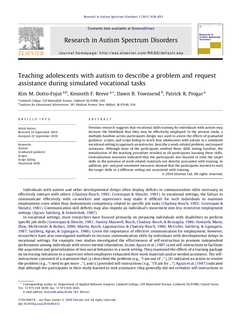 Teaching adolescents with autism to describe a problem and request assistance during simulated vocational tasks