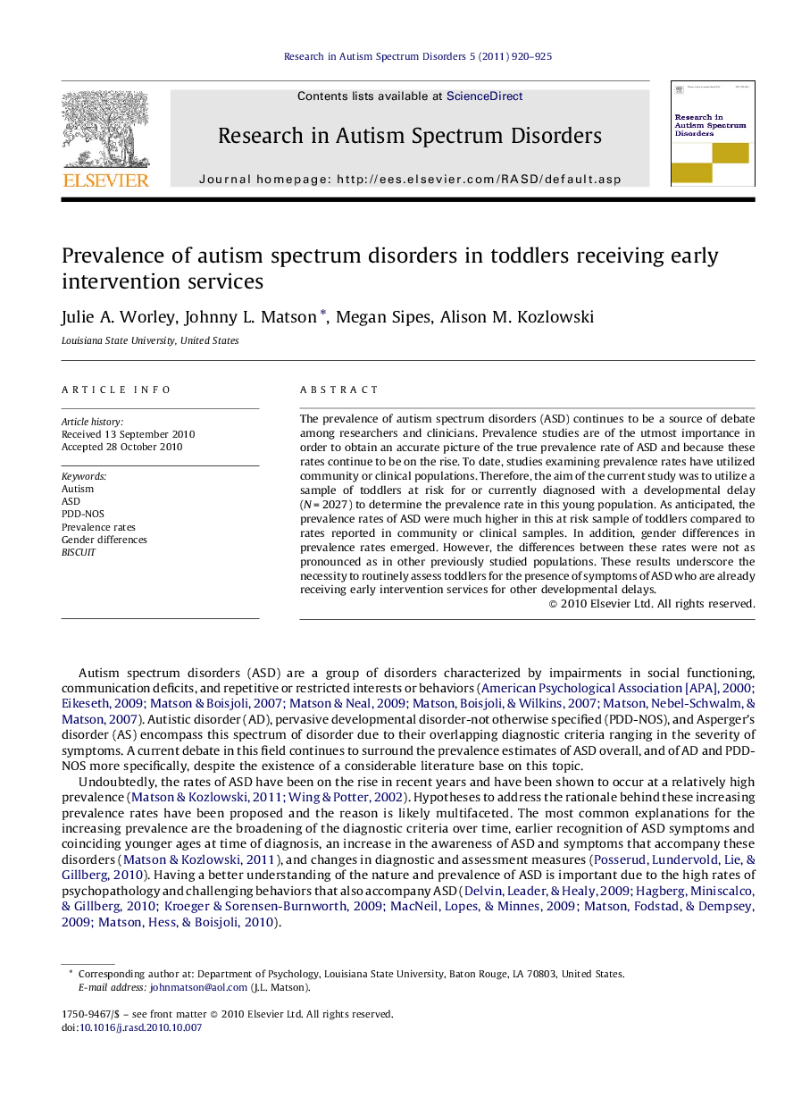 Prevalence of autism spectrum disorders in toddlers receiving early intervention services