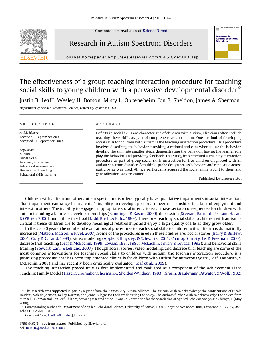 The effectiveness of a group teaching interaction procedure for teaching social skills to young children with a pervasive developmental disorder 