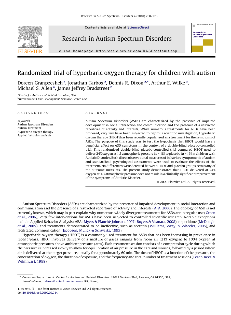 Randomized trial of hyperbaric oxygen therapy for children with autism