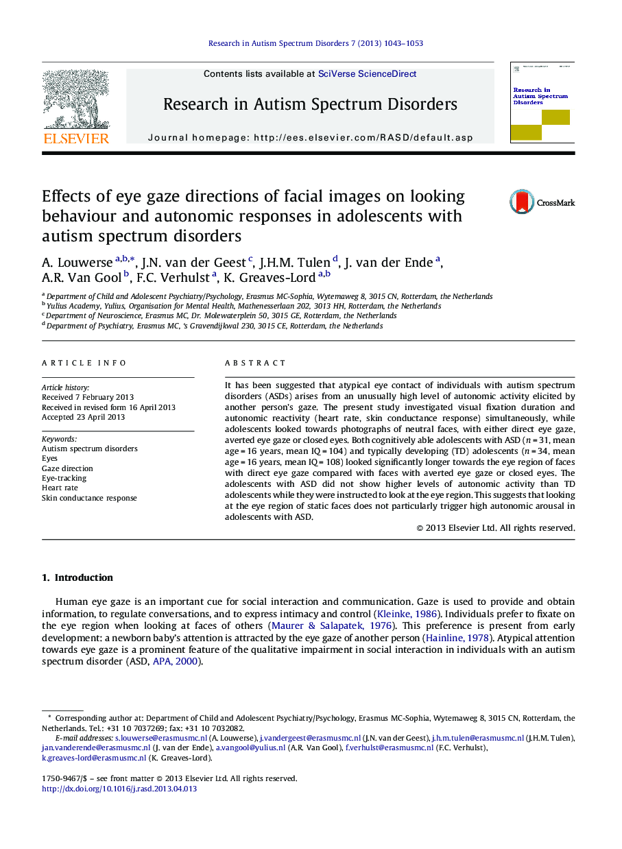 Effects of eye gaze directions of facial images on looking behaviour and autonomic responses in adolescents with autism spectrum disorders