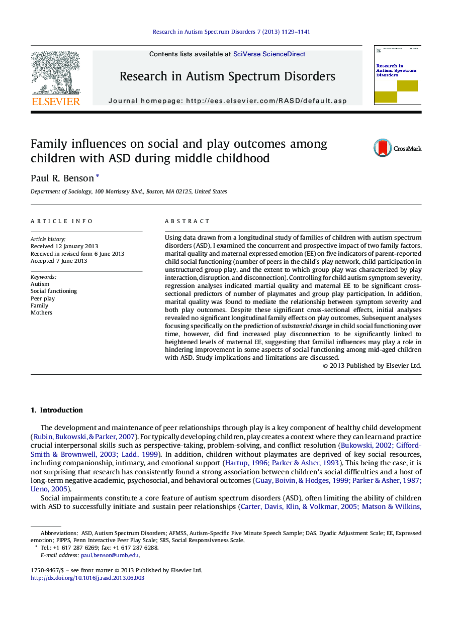 Family influences on social and play outcomes among children with ASD during middle childhood