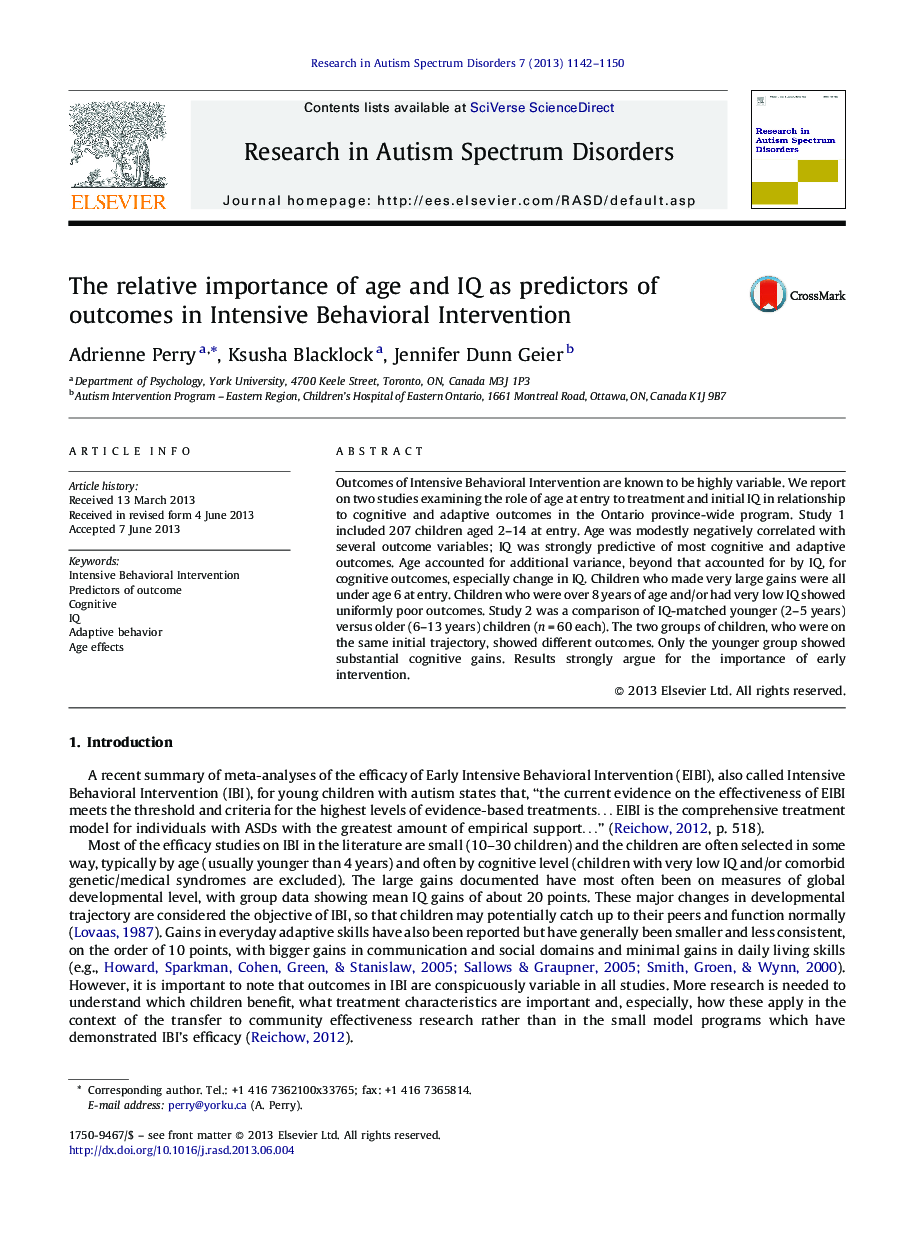 The relative importance of age and IQ as predictors of outcomes in Intensive Behavioral Intervention