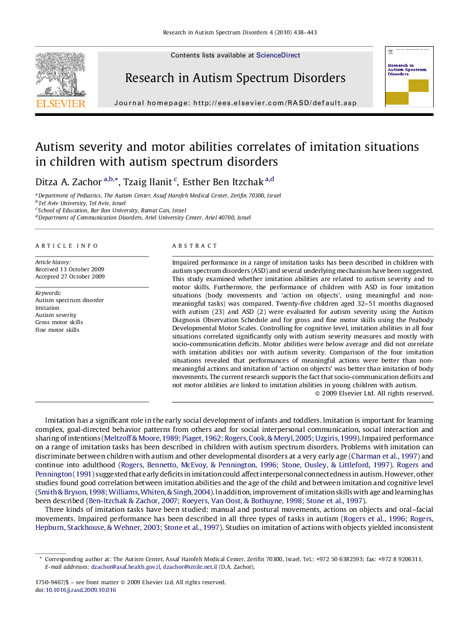 Autism severity and motor abilities correlates of imitation situations in children with autism spectrum disorders