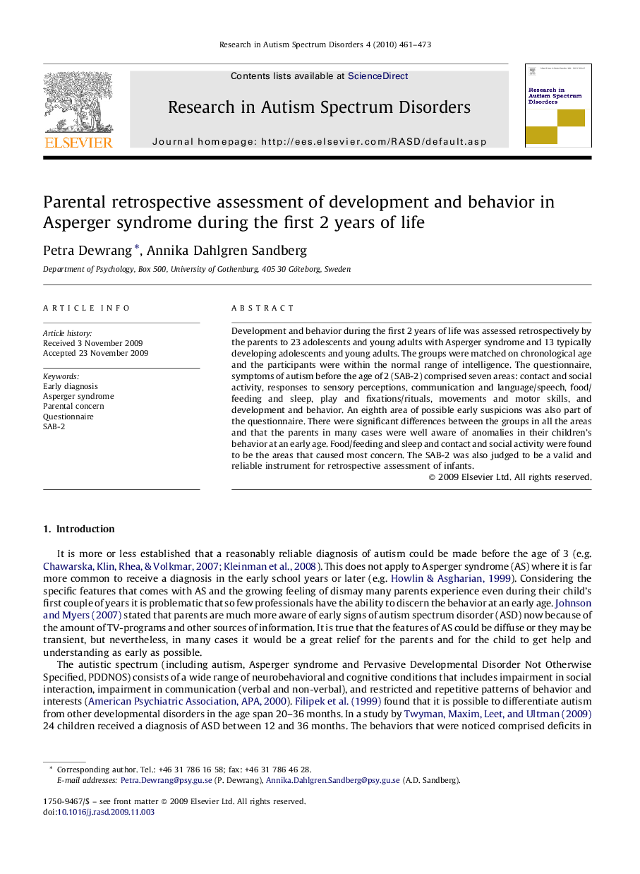 Parental retrospective assessment of development and behavior in Asperger syndrome during the first 2 years of life