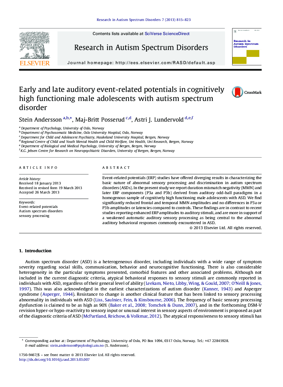 Early and late auditory event-related potentials in cognitively high functioning male adolescents with autism spectrum disorder