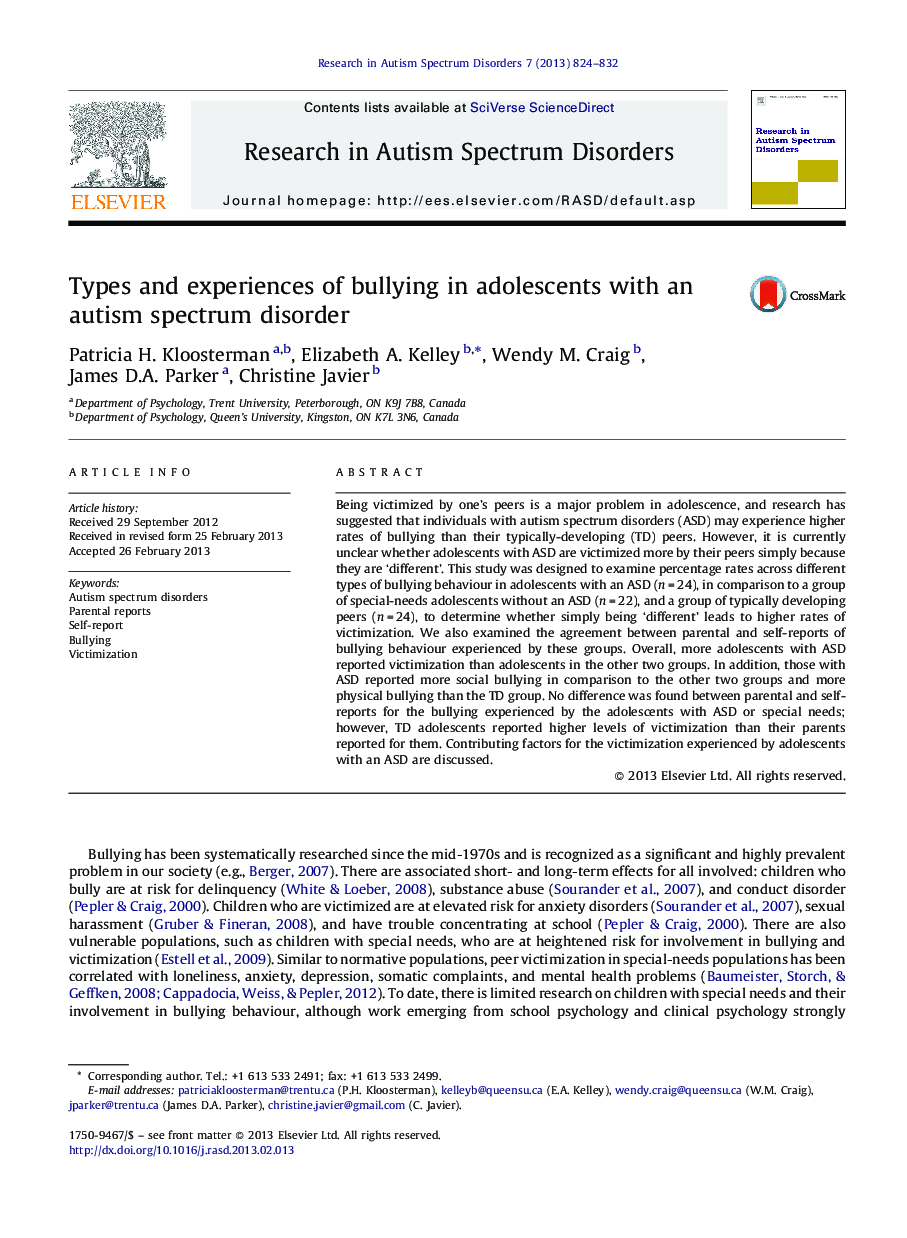 Types and experiences of bullying in adolescents with an autism spectrum disorder