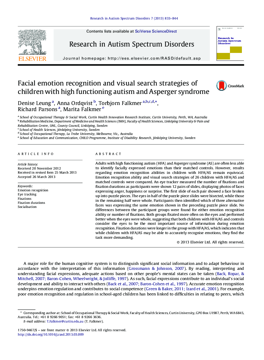 Facial emotion recognition and visual search strategies of children with high functioning autism and Asperger syndrome