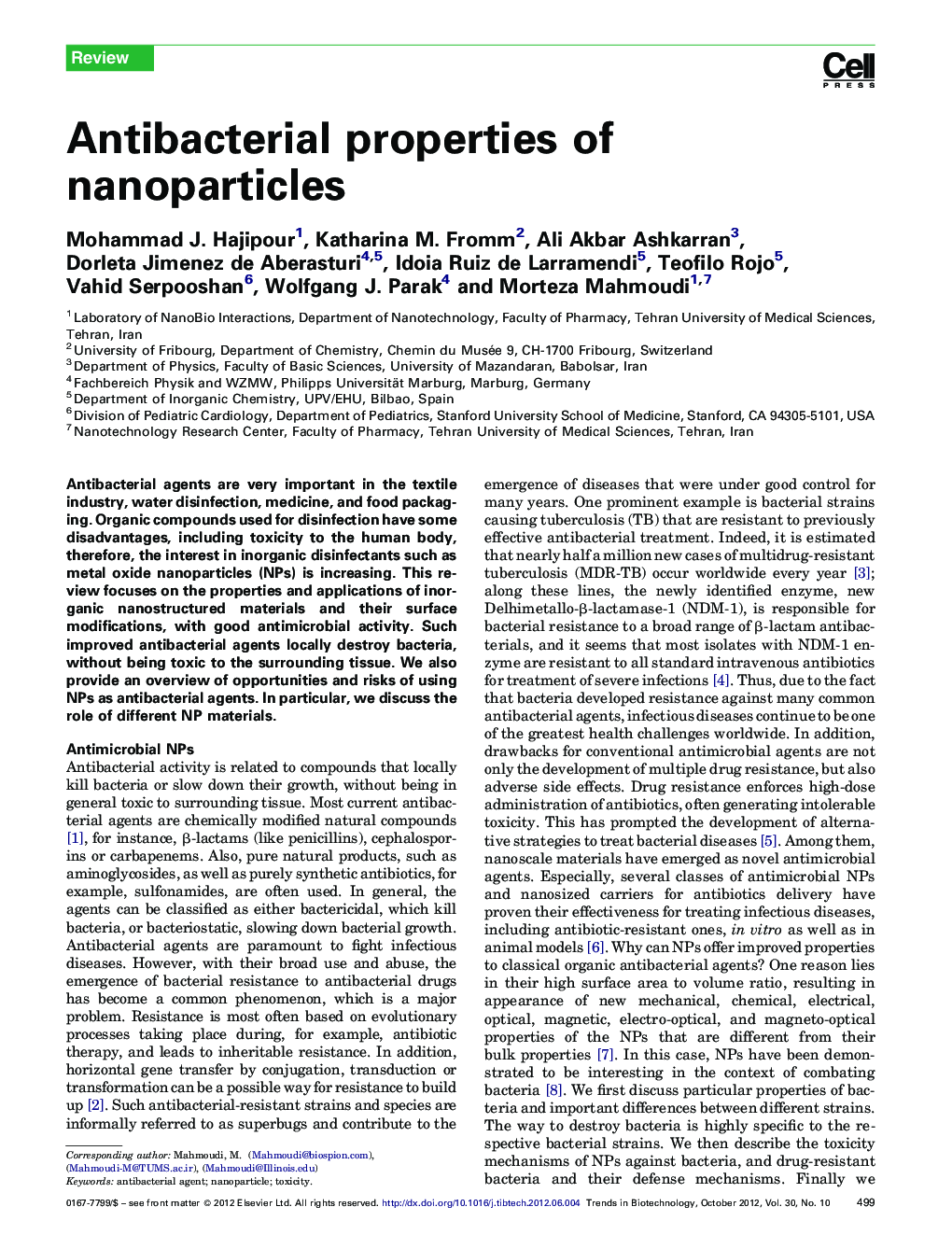 Antibacterial properties of nanoparticles