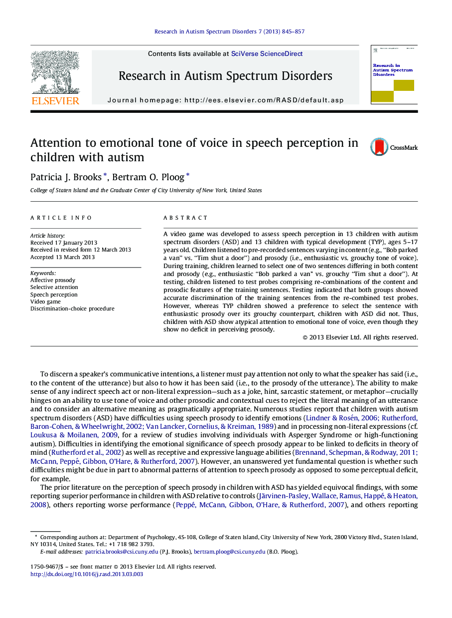 Attention to emotional tone of voice in speech perception in children with autism