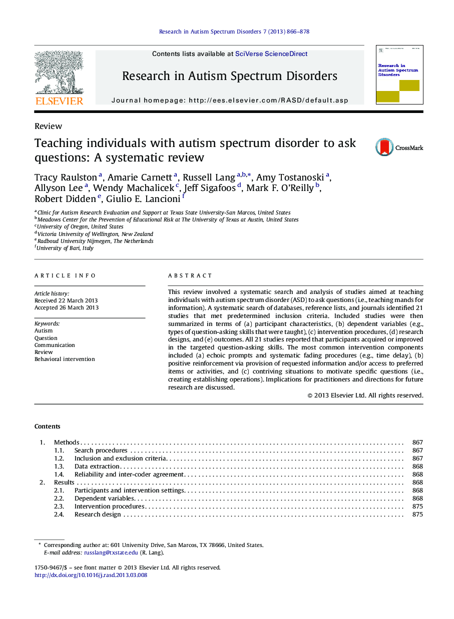 Teaching individuals with autism spectrum disorder to ask questions: A systematic review