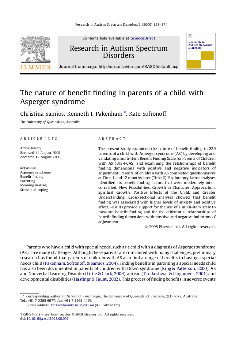 The nature of benefit finding in parents of a child with Asperger syndrome