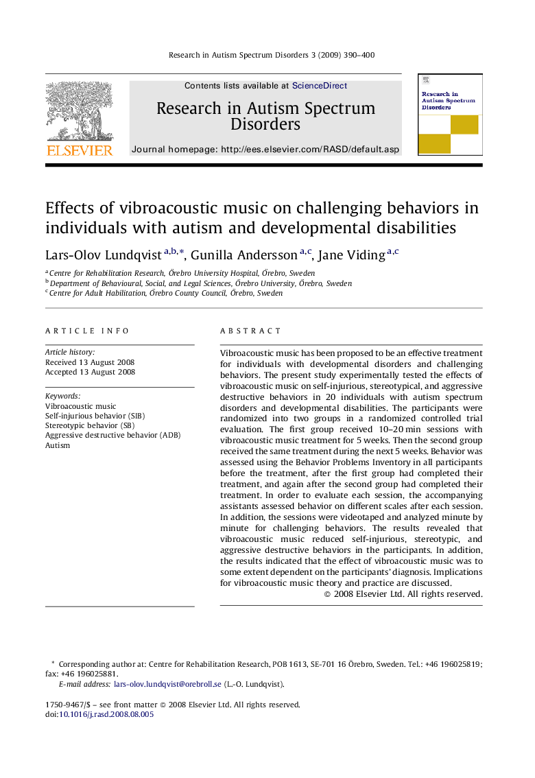 عکس صفحه اول مقاله: Effects of vibroacoustic music on challenging behaviors in individuals with autism and developmental disabilities Effects of vibroacoustic music on challenging behaviors in individuals with autism and developmental disabilities