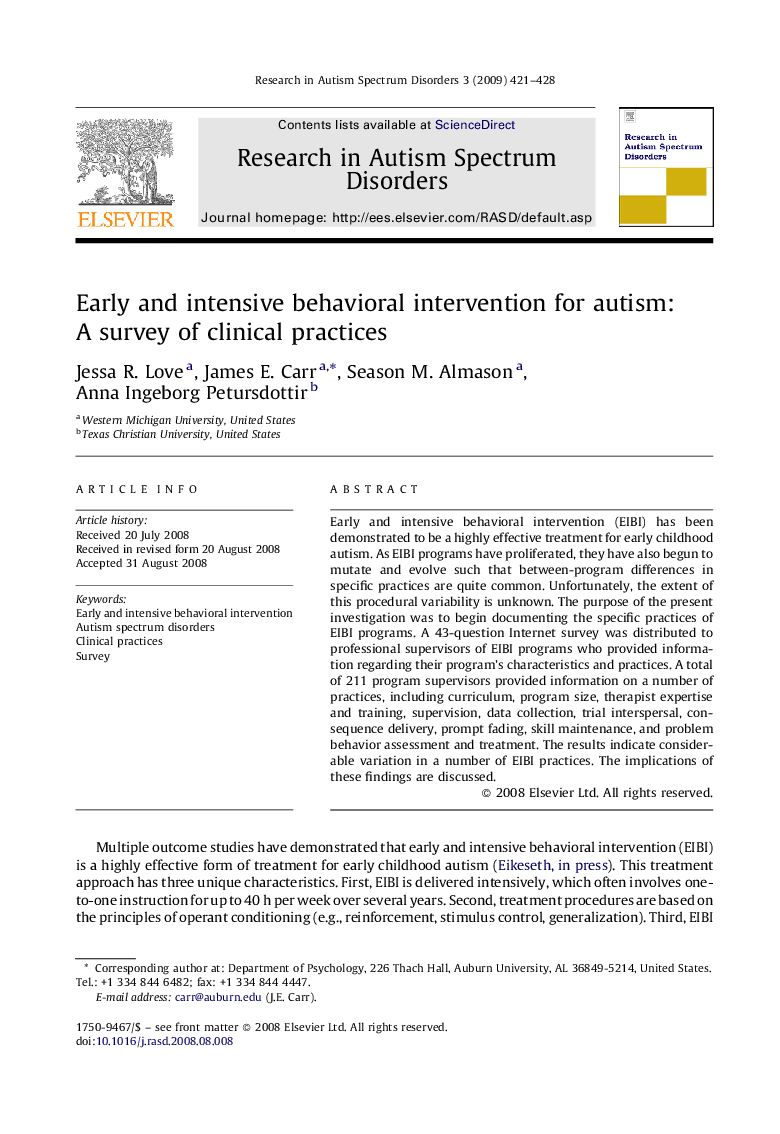 Early and intensive behavioral intervention for autism: A survey of clinical practices