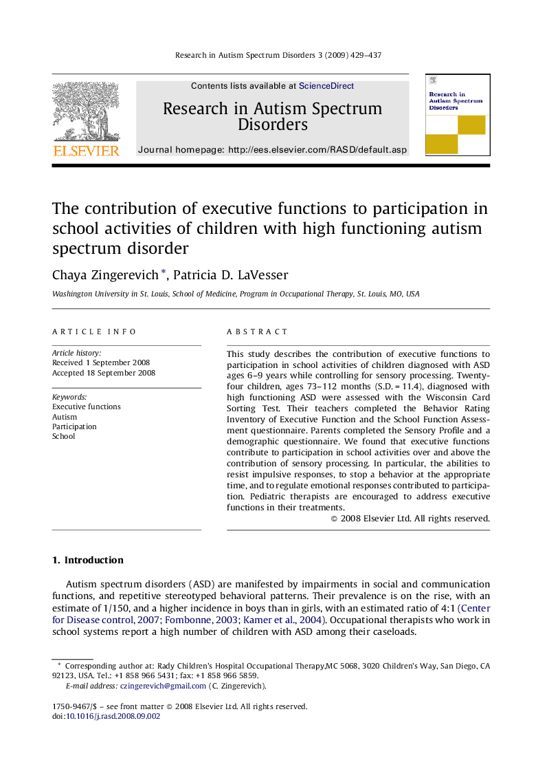 The contribution of executive functions to participation in school activities of children with high functioning autism spectrum disorder