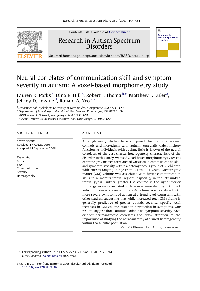 عکس صفحه اول مقاله: Neural correlates of communication skill and symptom severity in autism: A voxel-based morphometry study Neural correlates of communication skill and symptom severity in autism: A voxel-based morphometry study