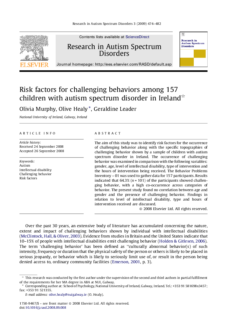 Risk factors for challenging behaviors among 157 children with autism spectrum disorder in Ireland 