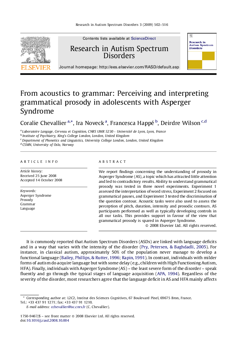 عکس صفحه اول مقاله: From acoustics to grammar: Perceiving and interpreting grammatical prosody in adolescents with Asperger Syndrome From acoustics to grammar: Perceiving and interpreting grammatical prosody in adolescents with Asperger Syndrome