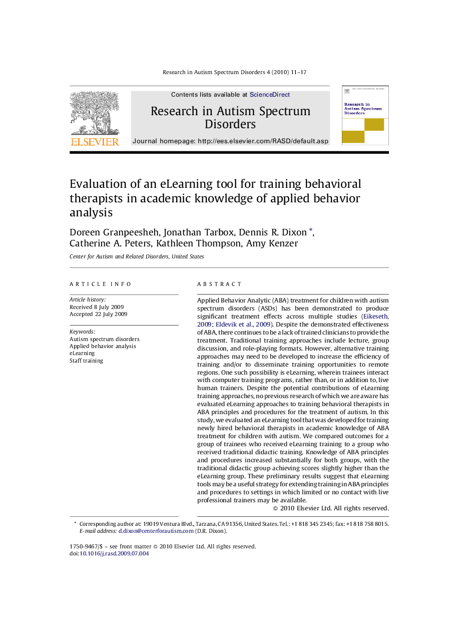 Evaluation of an eLearning tool for training behavioral therapists in academic knowledge of applied behavior analysis