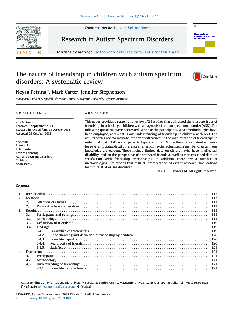 The nature of friendship in children with autism spectrum disorders: A systematic review