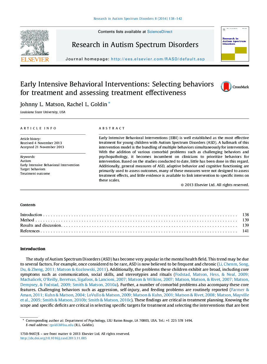 Early Intensive Behavioral Interventions: Selecting behaviors for treatment and assessing treatment effectiveness